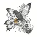 A mesmerizing scene of a sprite casting spells in a field of colorful flowers tattoo design idea