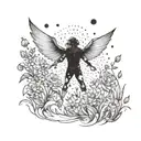 A mesmerizing scene of a sprite casting spells in a field of colorful flowers tattoo design idea