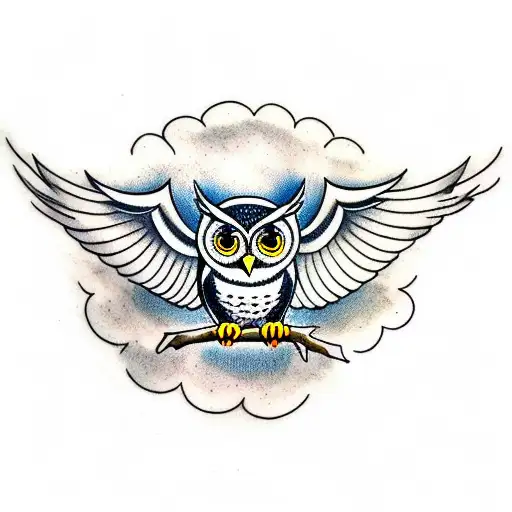 owl with wings spread horizontally tattoo design idea