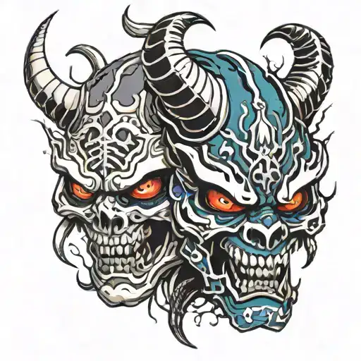 oni mask split ink demon skull tattoo design idea