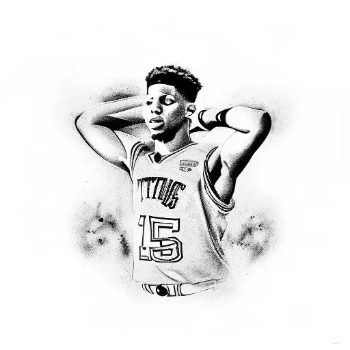 A captivating tattoo design combining elements of hip hop and sports, with a detailed portrait of Patrick Mahomes wearing a basketball jersey and surrounded by iconic hip hop symbols and lyrics. tattoo design idea