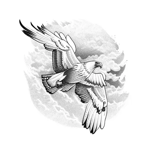 A majestic eagle soaring through a vibrant sunset sky tattoo design idea