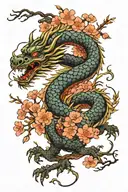 Japanese dragon and cherry blossom tree tattoo design idea