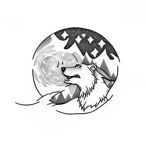 A silhouette of a wolf howling at a moon-shaped vinyl record amidst a peaceful forest tattoo design idea