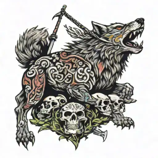 A fierce wolf standing on a pile of skulls, with a sword in its mouth and an arrow piercing through its heart, symbolizing the ultimate warrior spirit and determination tattoo design idea