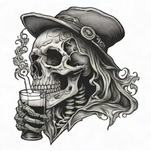 sad skeleton drinking alcohol tattoo design idea