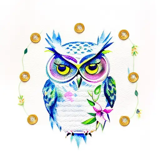 watercolor owl with pockets watch on chain surrounded by lilies  tattoo design idea