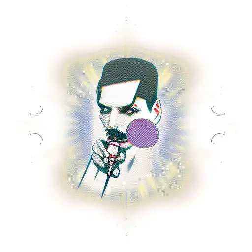 Freddie mercury in drag posing with microphone. legs spread hand in the air  tattoo design idea
