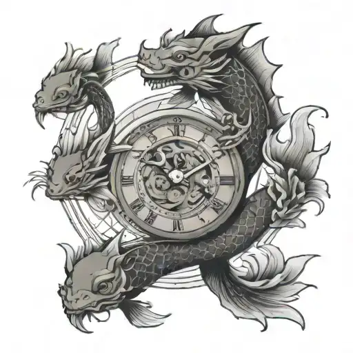 Birth clock with koi fish and dragon  tattoo design idea