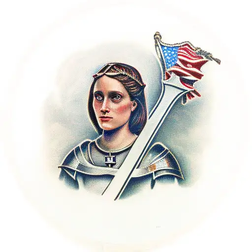 joan of arc looking off into distance holding a sword with her hands crossed over her chest, contained within a portrait tattoo design idea