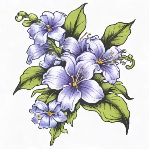 violets, lilys of the valley, cosmos boquet in vase  tattoo design idea