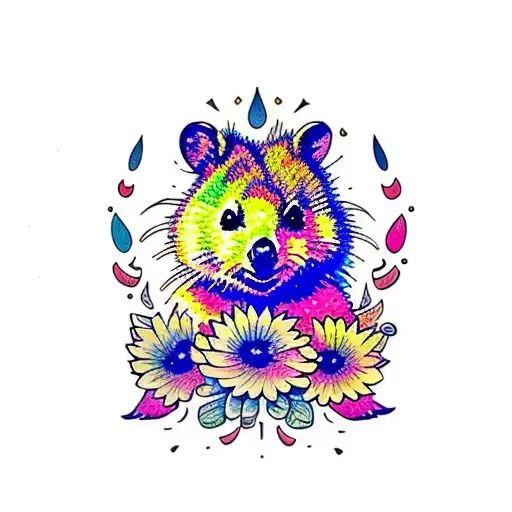 Generate an American traditional tattoo-style image of a cheerful quokka surrounded by a vibrant field of flowers. The q tattoo design idea