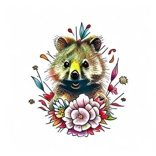 Generate an American traditional tattoo-style image of a cheerful quokka surrounded by a vibrant field of flowers. The q tattoo design idea