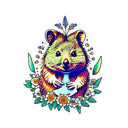  quokka depicted in a playful and endearing pose, with its characteristic smiling expression in a field of flowers tattoo design idea
