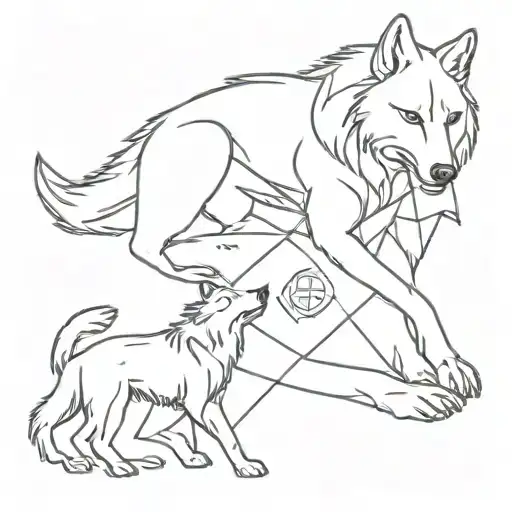 Create a tattoo of a wolf practicing jiu jitsu wrestling another wolf while Freemason symbols are scattered around tattoo design idea