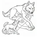 Create a tattoo of a wolf practicing jiu jitsu wrestling another wolf while Freemason symbols are scattered around tattoo design idea