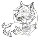 Create a tattoo of a wolf practicing jiu jitsu wrestling another wolf while Freemason symbols are scattered around tattoo design idea