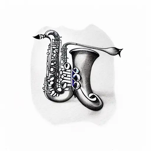 whimsical proportioned arrangement of a saxophone, piano keys, trumbone, ukulele, cello, and bagpipes tattoo design idea