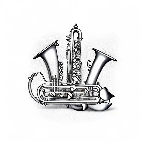 whimsical proportioned arrangement of a saxophone, piano keys, trumbone, ukulele, cello, drums and bagpipes tattoo design idea