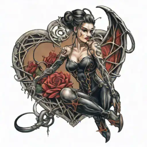 top half woman bottom half spider full body in a heart shaped frame holding a whip tattoo design idea