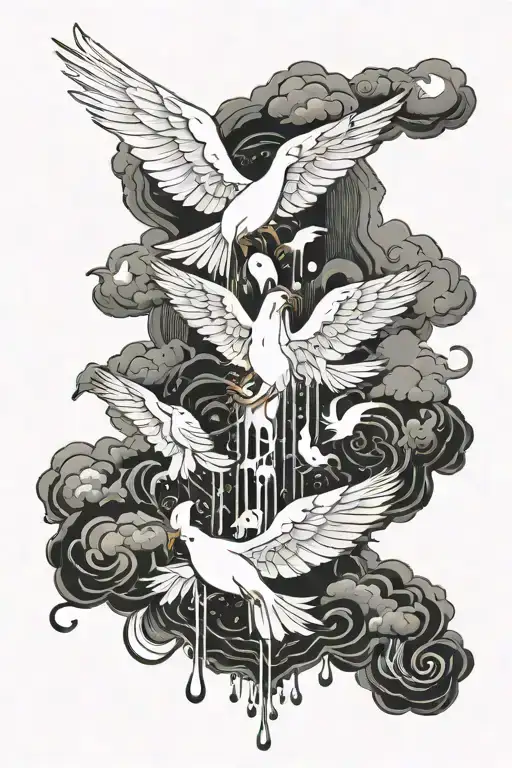 the name Armarion with clouds and white doves and slime dripping down from the clouds  tattoo design idea
