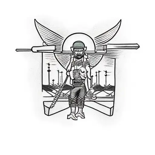 A traditional tattoo design featuring a linework illustration of a lineman working on a three-phase Arial transformer bank tattoo design idea