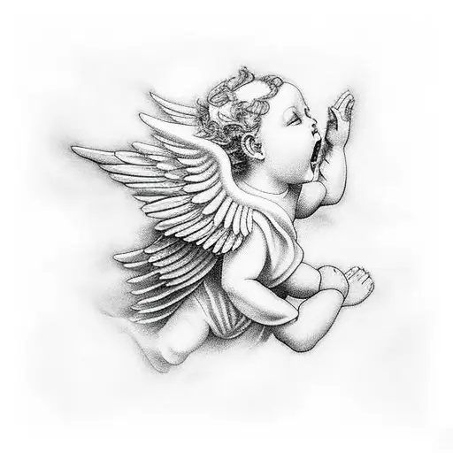 praying angels and cherubs flying with rays of light and clouds tattoo design idea
