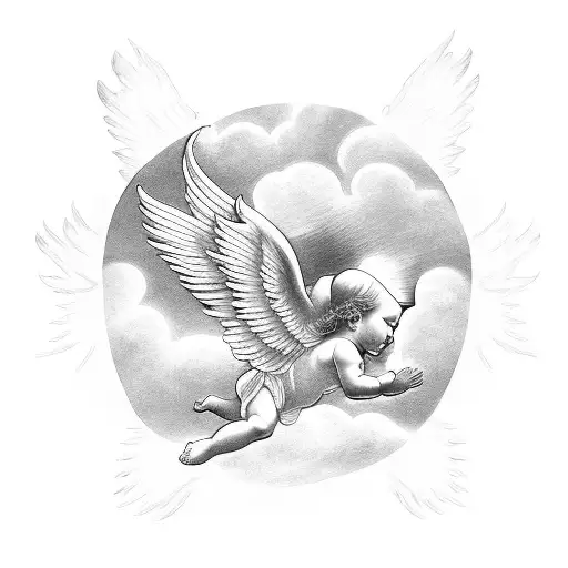 praying angels and cherubs flying with rays of light and clouds tattoo design idea