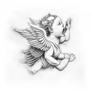 praying angels and cherubs flying with rays of light and clouds tattoo design idea