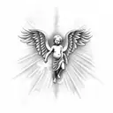 praying angels and cherubs flying with rays of light and clouds tattoo design idea