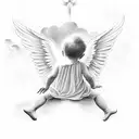 praying angels and cherubs flying with rays of light and clouds tattoo design idea