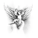 praying angels and cherubs flying with rays of light and clouds tattoo design idea