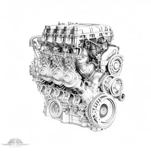 A detailed blueprint of a v8 car engine, merging blackwork and dotwork elements tattoo design idea