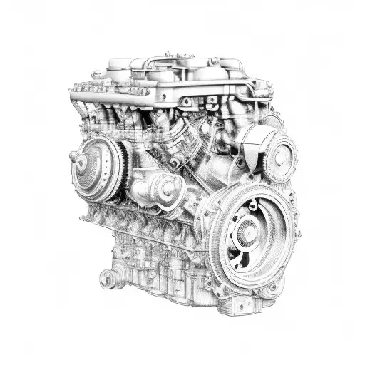 A detailed blueprint of a v8 car engine, merging blackwork and dotwork elements tattoo design idea