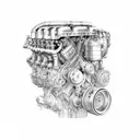 A detailed blueprint of a v8 car engine, merging blackwork and dotwork elements tattoo design idea