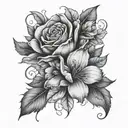 draw beautiful flowers, in black colors. the tattoo will be located on the thigh. tattoo design idea