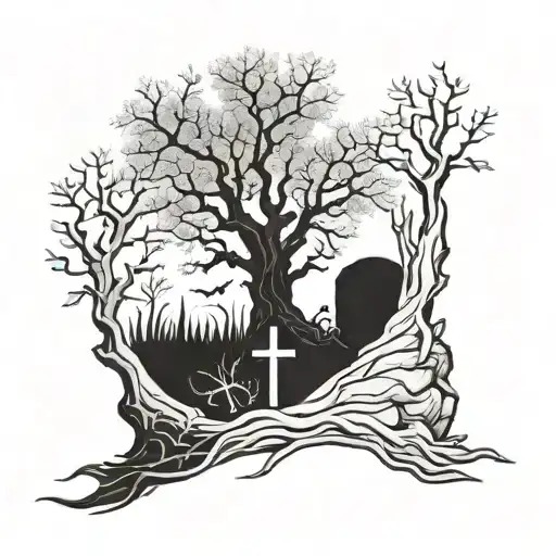 grave and tree tattoo design idea
