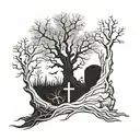 grave and tree tattoo design idea