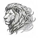 “Design a minimalist linework tattoo of a sitting lion for the bicep. The lion should have an elegant, simplified outlin tattoo design idea