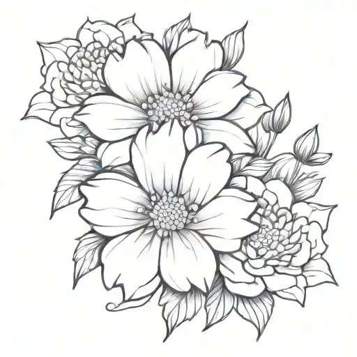 Violet and chrysanthemum and marigold bouquet tattoo design idea