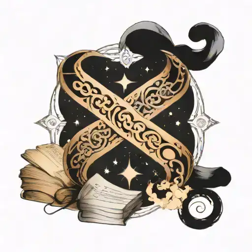  Books shaped into the infinity symbol, like the cosmic serpent. representing imagination and creation on a cosmic scale tattoo design idea