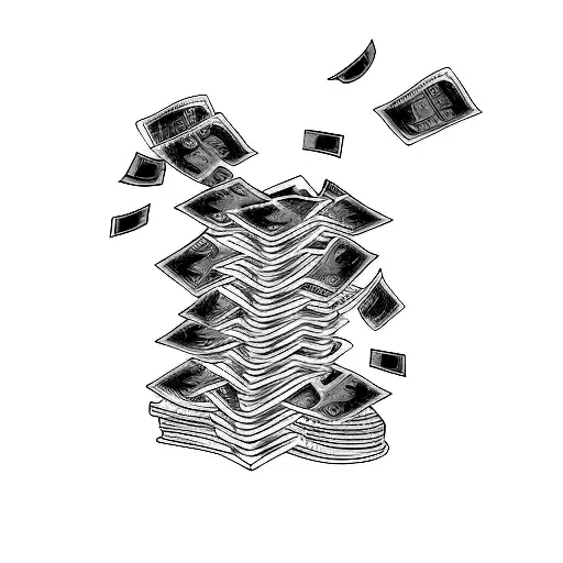 A stack of books with money falling out of them tattoo design idea