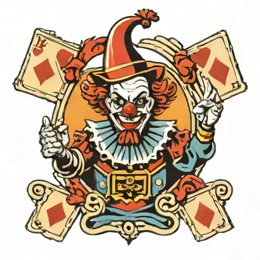 evil clown holding playing cards tattoo design idea