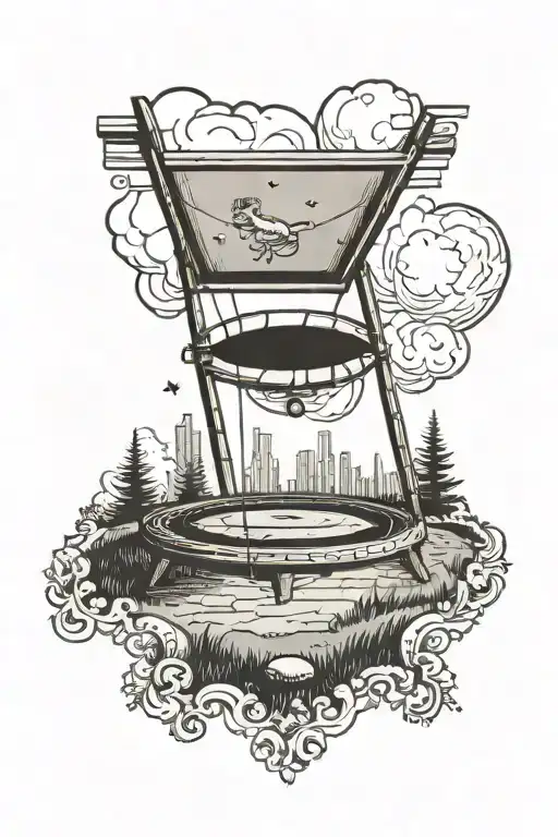 a vintage postage stamp with an image of a trampoline on a lawn tattoo design idea