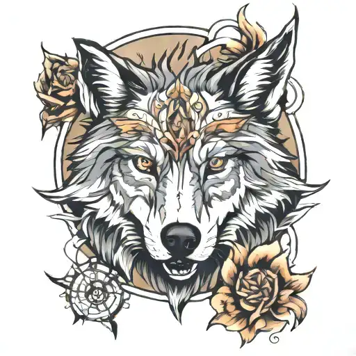 wolf head by mountains compass rose tattoo design idea