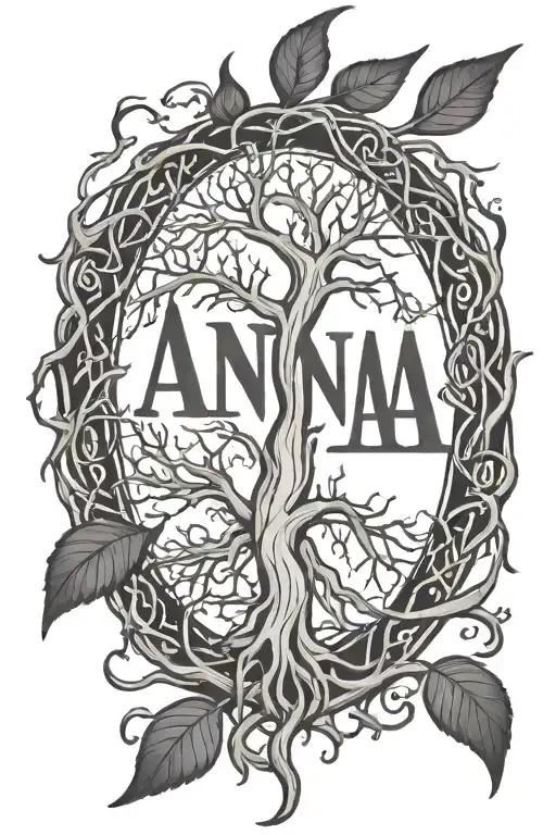 black and white  write the name ANNA using  the shape of tree roots  tattoo design idea