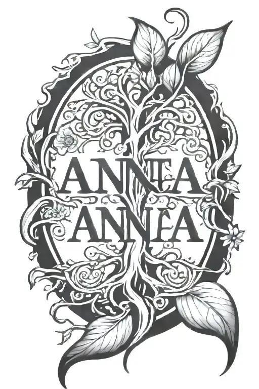 black and white  write the name ANNA using  the shape of tree roots  tattoo design idea