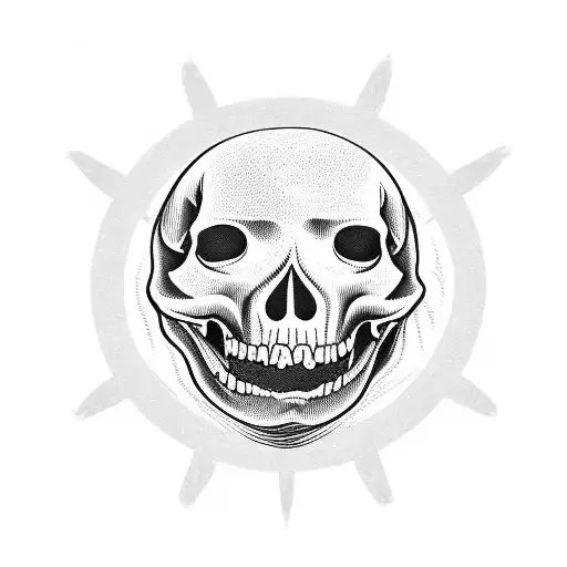 Black and white tattoo design in the form of a seal. The seal is round, very simple and with a skull motif, in the middl tattoo design idea