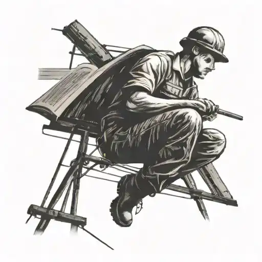 An open book with a silhouette of a lineman working on power lines tattoo design idea