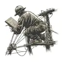 An open book with a silhouette of a lineman working on power lines tattoo design idea
